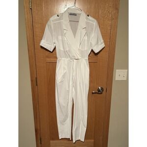 Vintage Joan Walters 80s Retro White Utility Boiler Jumpsuit Gold Buttons Womens